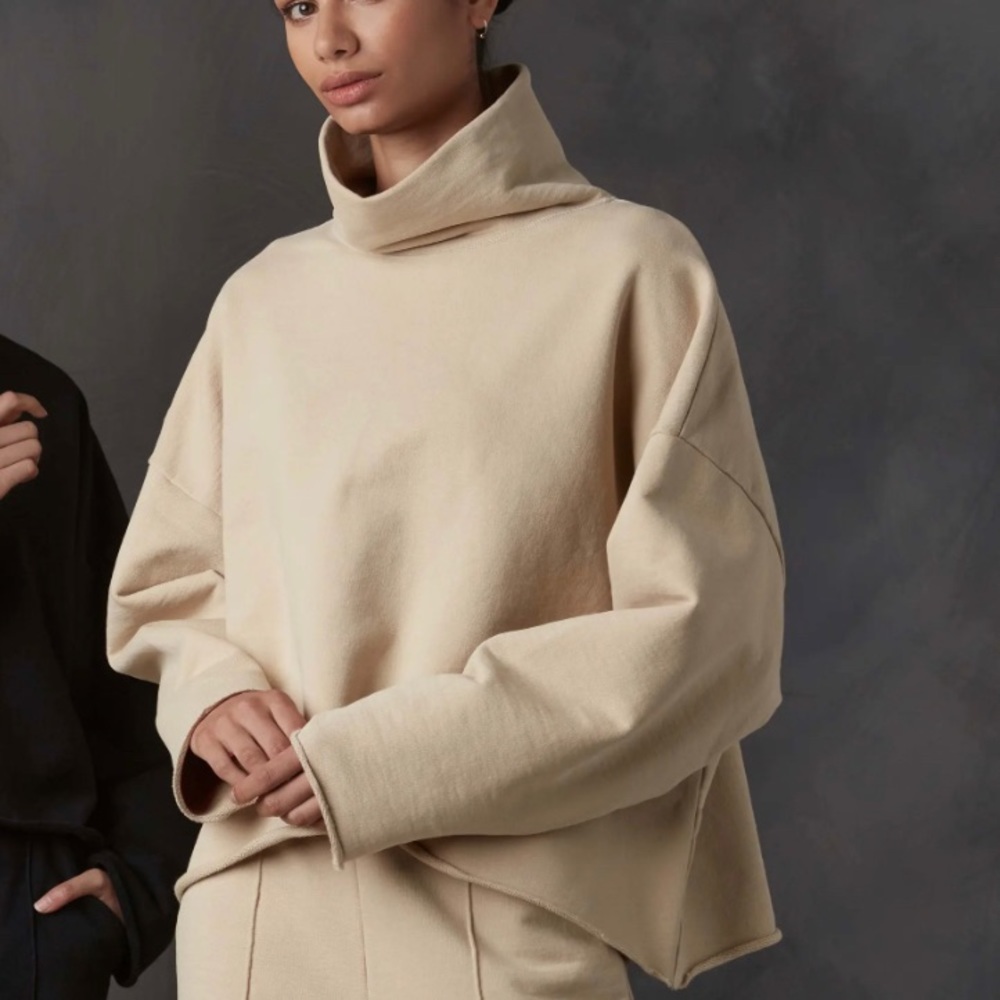 Tkees Raw Edge Turtleneck in Latte tan size small oversized